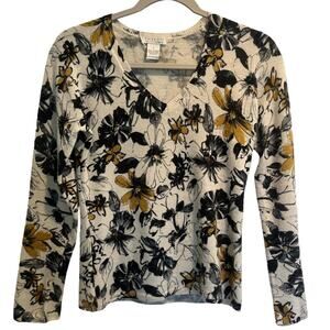 Tweeds Floral V‑Neck Long‑Sleeve Cashmere Womens Top Size S